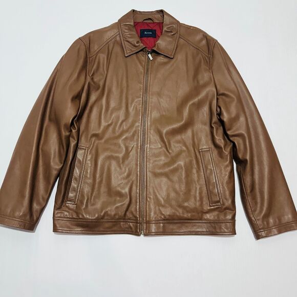 Façonnable Leather Jacket Men's Size XL Brown Quilted Lined Long Sleeve Full Zip - Picture 2 of 9